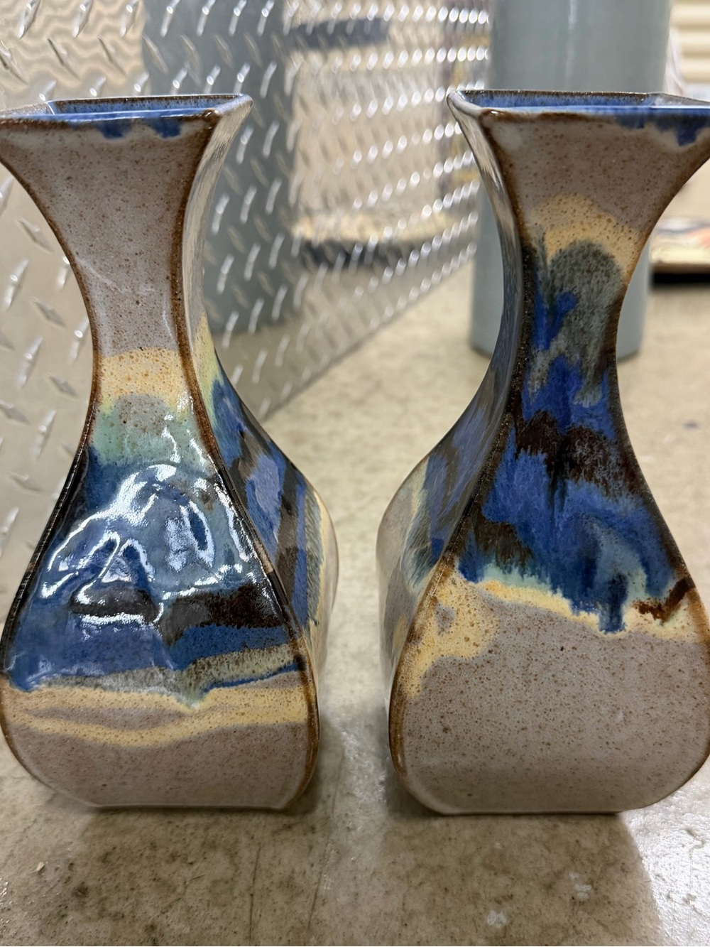 Vintage Stoneware Drip glazed Small Bud Vase 1995 Signed Manqury 8in Pair
